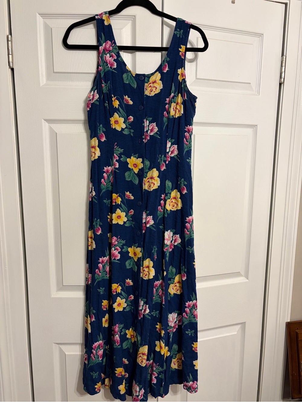 Vintage Navy Floral Sleeveless Midi Dress - Yellow & Pink Flowers